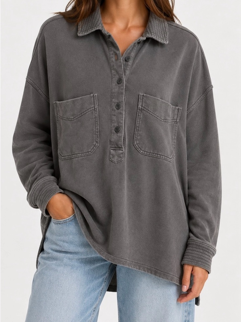 Aerie Vintage Popover Polo Sweatshirt Smoked Gray M Elevated Casual Sporty Prep